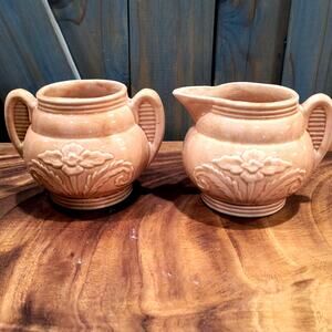 665. Rare Peach Colored Cream and Sugar Pottery set